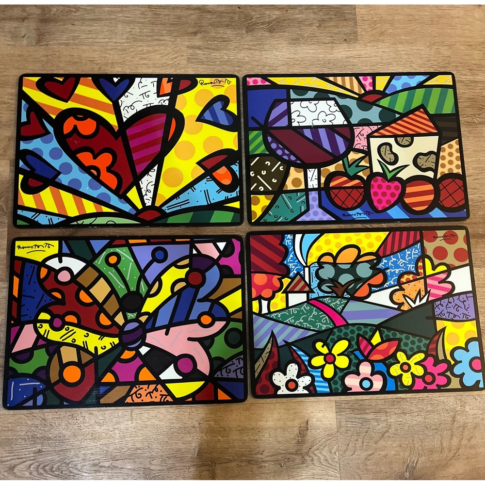 Romero Britto Pop Art Cork Backed Placemats Set of 4 Heart Butterfly Landscape